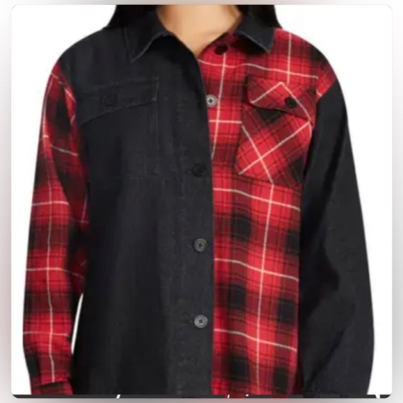 STEVE MADDEN GRUNGE RED & BLACK BUTTON DOWN SHIRT/JACKET DENIM/FLANNEL MIX PLAI… - Picture 2 of 11